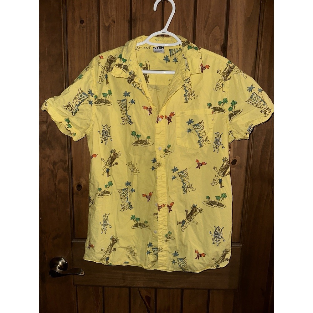 Vintage 90s Hang Ten Mens Tiki Shirt Sz Medium Yellow Linen Cotton Hawaiian Surf